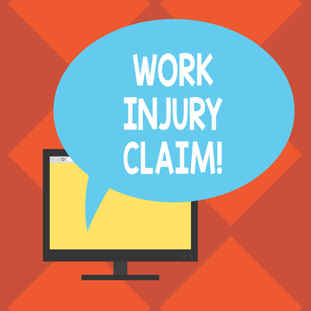 Handwriting text Work Injury Claim. Concept meaning insurance providing medical benefits to employees Mounted Computer Monitor Blank Screen with Oval Color Speech Bubble. - Photo, Image