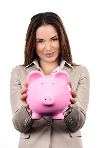 Cute woman with piggy bank - Фото, изображение