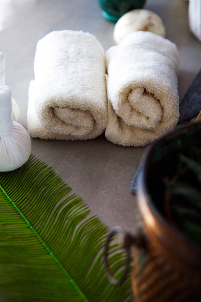 Spa and wellness. Fresh towels for spa treatment. in natural setting. Cosmetic products - Photo, Image