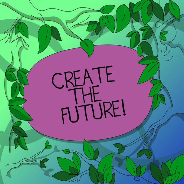 Escritura a mano de texto Crear el futuro. Concepto que significa trabajar muy duro para lograr sus sueños hacer realidad las ramas del árbol diseminadas con hojas que rodean el espacio de texto en color en blanco
. - Foto, imagen