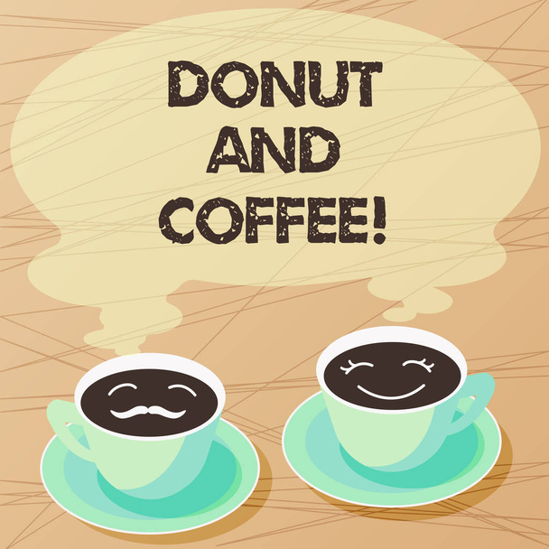 Writing note showing Donut And Coffee. Business photo showcasing common food and drink pairing in United States and Canada Sets of Cup Saucer for His and Hers Coffee Face icon with Blank Steam. - Photo, Image