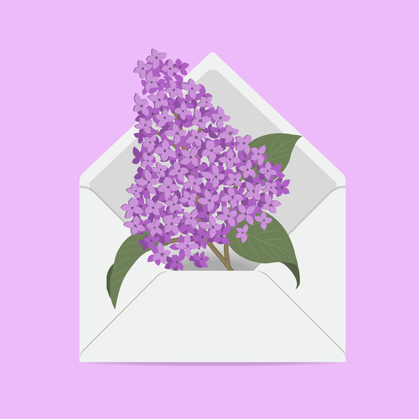Lilac branch in the postal envelope. Spring purple flowers. Flower delivery concept. Vector illustration on a pink background - Vetor, Imagem