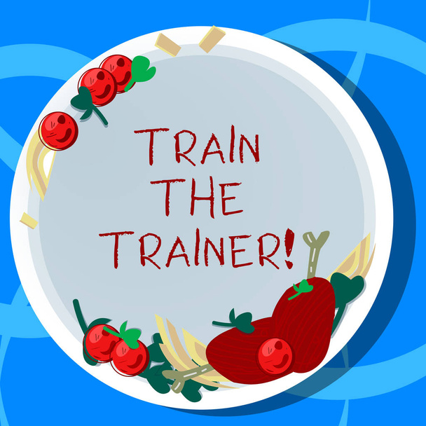 Conceptual hand writing showing Train The Trainer. Business photo showcasing identified to teach mentor or train others attend class Hand Drawn Lamb Chops Herb Spice Cherry Tomatoes on Plate. - Photo, Image