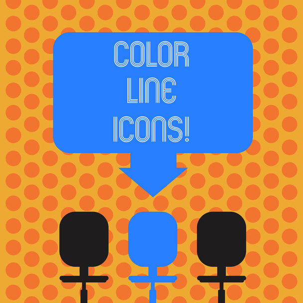 Note d'écriture montrant les icônes de ligne de couleur. Photo d'affaires mettant en valeur des chiffres colorés nous aident à aller plus vite dans la façon ou ouvrir l'application Space Color Arrow pointant vers l'un des trois fauteuils pivotants
. - Photo, image
