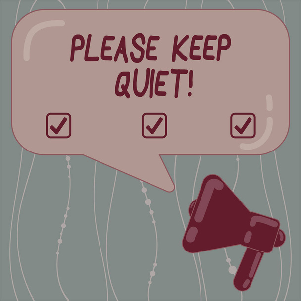 Text sign showing Please Keep Quiet. Conceptual photo prevent someone from speaking saying something secret Megaphone photo and Blank Rectangular Color Speech Bubble with Reflection. - Photo, Image