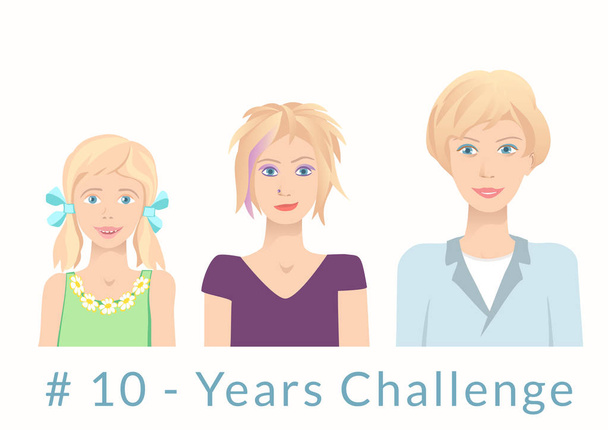 Νεαρές γυναίκες από διάφορες ηλικίες. Hashtag 10 χρόνια πρόκληση έννοια. - Διάνυσμα, εικόνα