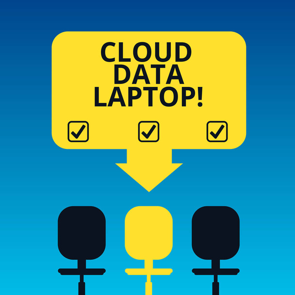 Handgeschreven tekst schrijven Cloud Data Laptop. Begrip betekenis datacenter vol met servers die is verbonden met het Internet lege ruimte kleur pijl wijst naar een van de drie draaibare stoelen-foto. - Foto, afbeelding