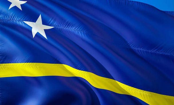 Flag of Curacao. 3D Waving flag design. The national symbol of Curacao, 3D rendering. National colors of Curacao 3D Waving sign background design.Caribbean 3D ribbon, wallpaper, pattern backgroun - Photo, Image