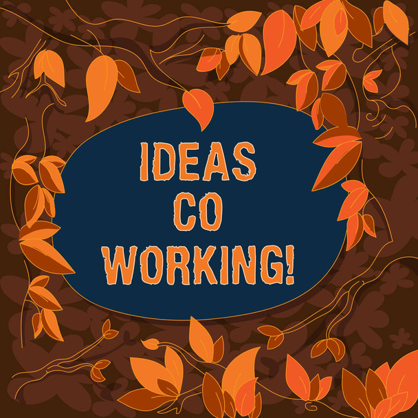 Conceptual hand writing showing Ideas Co Working. Business photo showcasing use of working environment by showing who are self employed Tree Branches Scattered with Leaves Blank Color Text Space. - Photo, Image