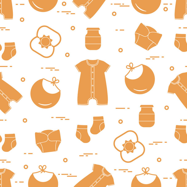 Seamless pattern with goods for babies. Newborn baby background. Bib, baby food can, rattle, socks, diapers, bodysuit. - ベクター画像