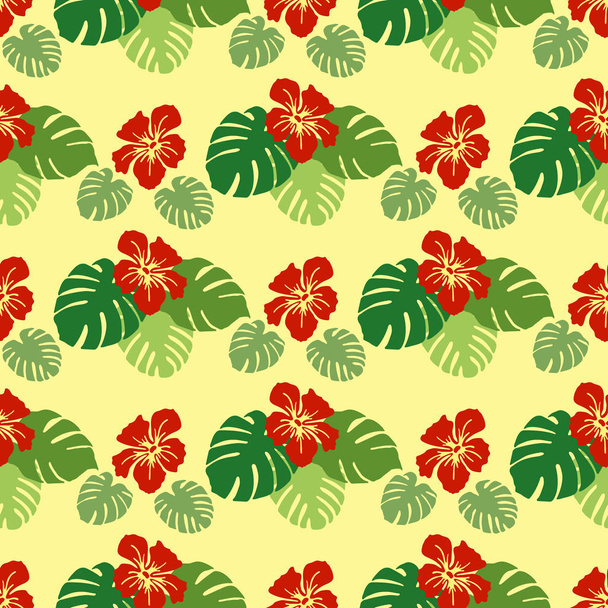 Seamless pattern with monstera leaves and hibiscus flowers. Tropical background. Design for banner, poster, textile, print. - Vector, Imagen