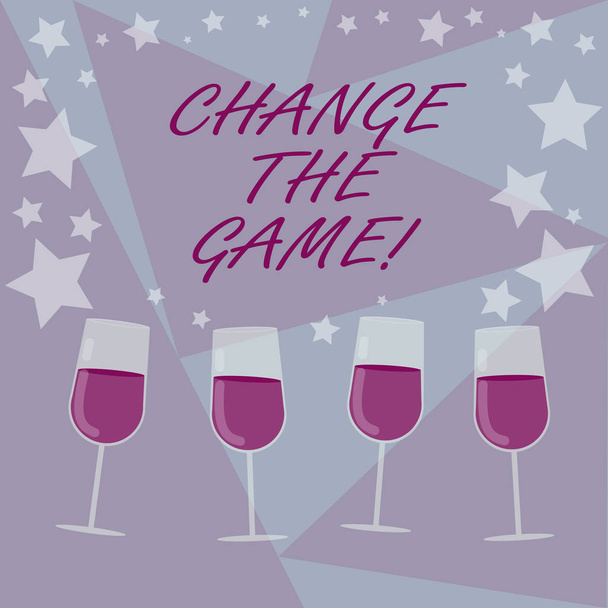 Handwriting text writing Change The Game. Concept meaning Make a movement do something different new strategies Filled Cocktail Wine Glasses with Scattered Stars as Confetti Stemware. - Photo, Image