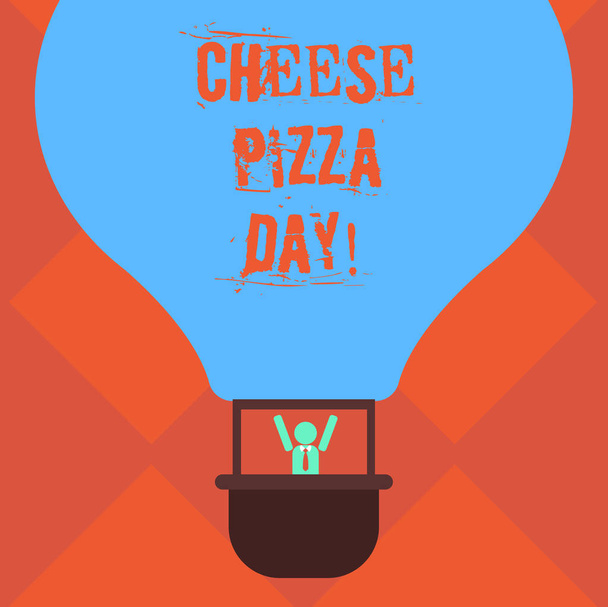 Handschrift Text Schreiben Käse-Pizza-Tag. Konzept bedeutet Datum begann Griechen bedeckt Brot mit Öl Kräuter und Käse hu Analyse Dummy Arme in der Gondel fahren leere Farbe Luftballon. - Foto, Bild