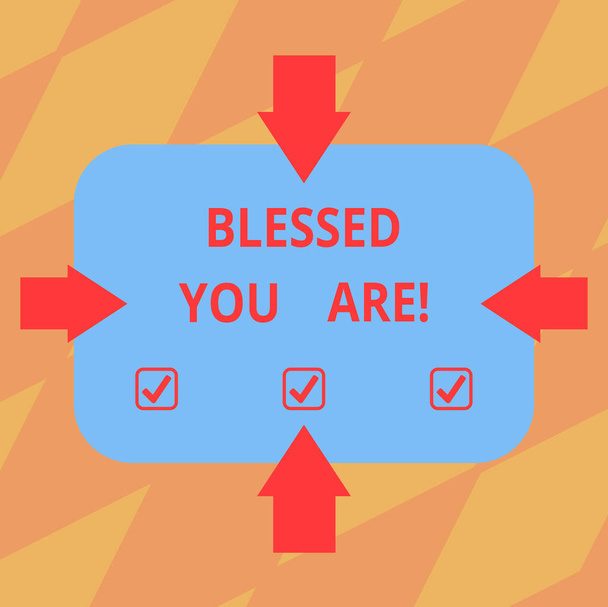 Text sign showing Blessed You Are. Conceptual photo Spiritual gratitude believe in a greater power to have faith Arrows on Four Sides of Blank Rectangular Shape Pointing Inward photo. - Photo, Image
