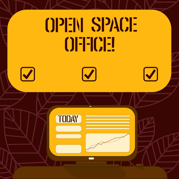Conceptual hand writing showing Open Space Office. Business photo text minimizes use of small enclosed rooms as private offices Mounted Computer Screen with Line Graph on Desk Text Box. - Photo, Image