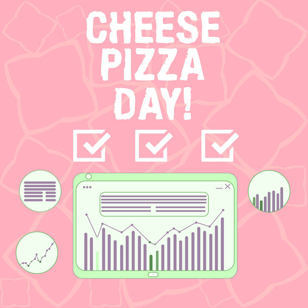 Word テキスト チーズ ピザの日を書きます。日付のビジネス コンセプトは、オイル ハーブとチーズ デジタルの組み合わせの列データ グラフィック折れ線グラフ タブレット画面上のギリシア人の覆われたパンを開始. - 写真・画像