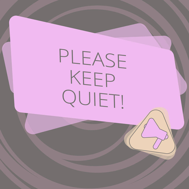Tekst teken weergegeven: Please Keep Quiet. Conceptuele foto te voorkomen dat iemand spreken zeggen iets geheim Megaphone binnen de driehoek en lege kleurenrechthoek voor aankondiging. - Foto, afbeelding