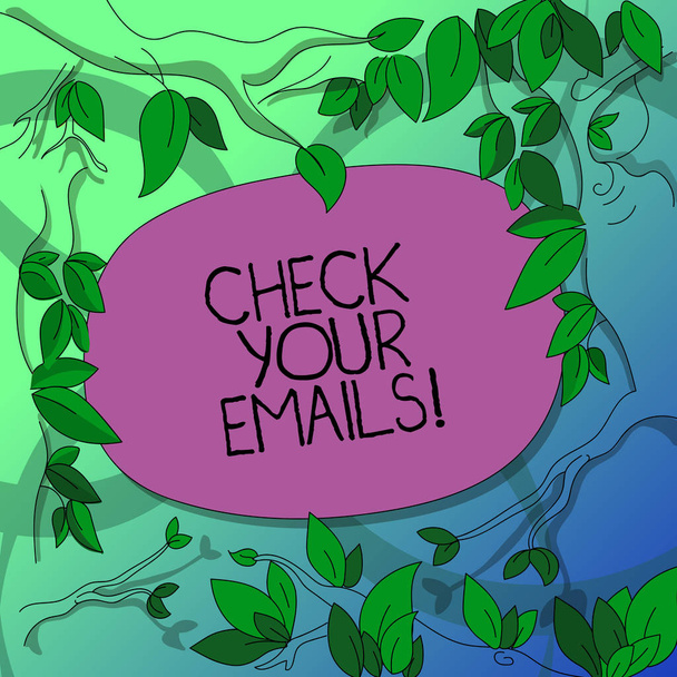 Text rukopisu psaní kontrolovat E-maily. Pojetí znamená, podívejte se na Doručená pošta vidět nové maily a číst strom větví s rozptýlenými listy obklopující barevný Text mezeru. - Fotografie, Obrázek