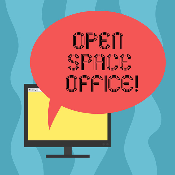 Conceptual hand writing showing Open Space Office. Business photo showcasing minimizes use of small enclosed rooms as private offices Mounted Computer Blank Screen with Oval Color Speech Bubble. - Photo, Image
