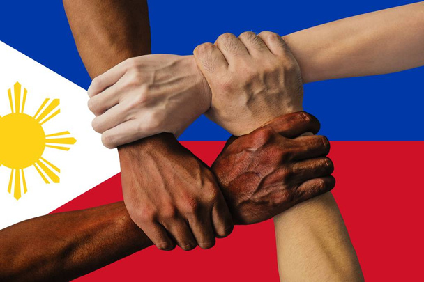 philippines flag, intergration of a multicultural group of young people. - Photo, Image