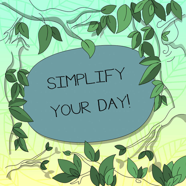 Text sign showing Simplify Your Day. Conceptual photo make simple or reduce things to basic essentials Tree Branches Scattered with Leaves Surrounding Blank Color Text Space. - Photo, Image