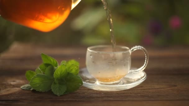 finom zöld tea, egy szép üveg tálba táblázat - Felvétel, videó