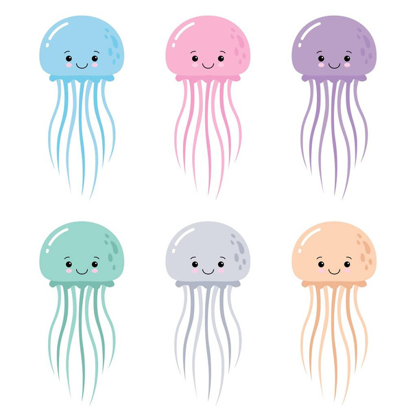 Ilustración vectorial de medusas divertidas de dibujos animados aisladas sobre fondo blanco. Lindo animal, personaje del animal marino utilizado para la revista, libro, cartel, tarjeta, invitación de los niños, páginas web
. - Vector, Imagen