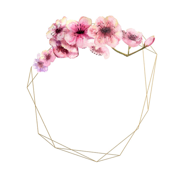 Ανθισμένες κερασιές, Sakura υποκατάστημα με ροζ λουλούδια πάνω σε χρυσό πλαίσιο και απομονωμένες λευκό φόντο. Εικόνα της άνοιξης. Πλαίσιο. Ακουαρέλα εικονογράφηση. Σχεδιαστικά στοιχεία. λουλούδια στην κορυφή. γεωμετρικό πλαίσιο - Φωτογραφία, εικόνα