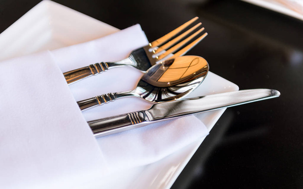 knife, spoon and fork with serviette - Valokuva, kuva