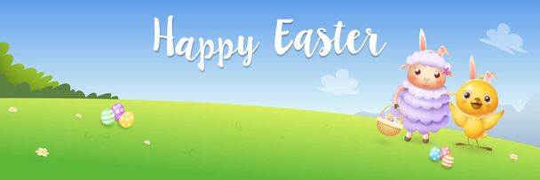Pasen wenskaart banner - kip en lam jacht eieren - lente landschap achtergrond vectorillustratie - Vector, afbeelding