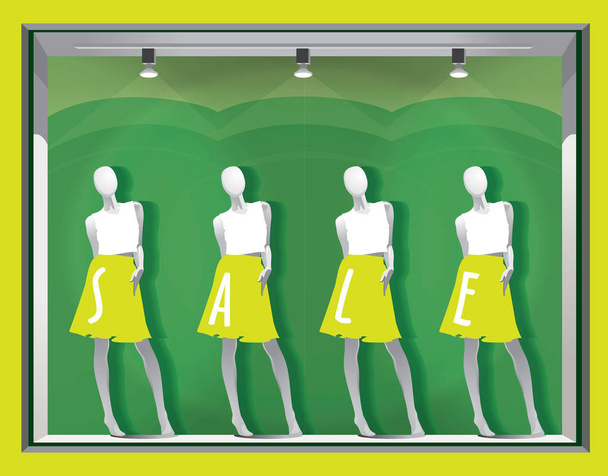 Зеленая витрина с женскими манекенами в белых футболках и желтых юбках и надписью "ПРОДАЖА" на них. Вектор
 - Вектор,изображение