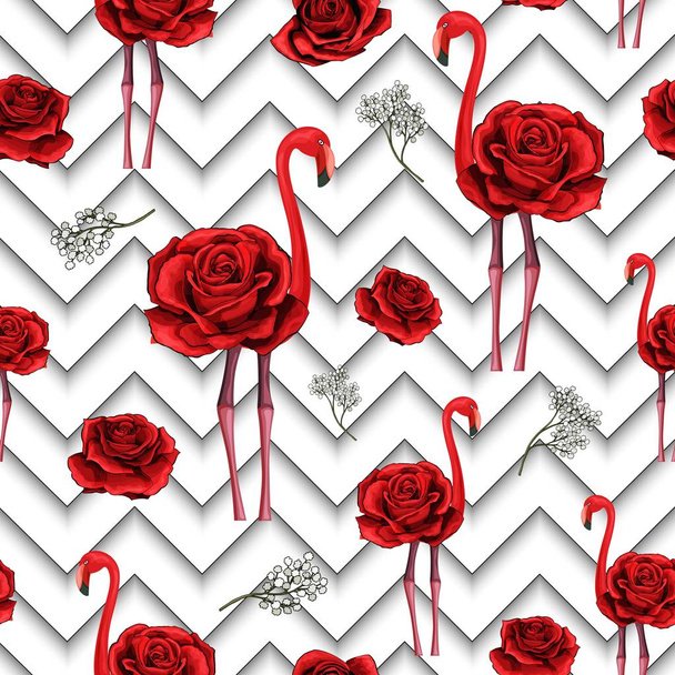 トレンディなジグザグ ライン刺繍の赤いバラとフラミンゴのシームレスなパターンを印刷します。 - ベクター画像