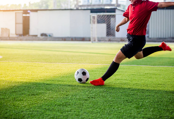 Футболіст запускає швидкість, щоб стріляти м'ячем, щоб націлитися на штучний газон. Навчання футболіста або футбольний матч
. - Фото, зображення
