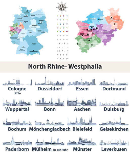 青い色の濃淡で最大の都市スカイラインのアイコンを個別に状態 Norrth のラインウエストファーレン マップでドイツのベクトル地図 - ベクター画像