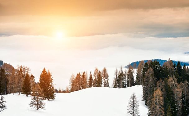 Fog in the snow-covered mountains at sunset. Beautiful winter landscape - 写真・画像