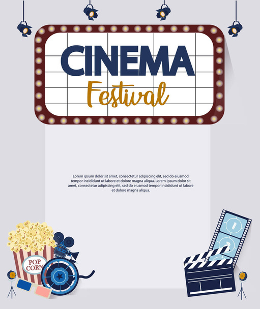 Making movie, video production template with small people in the process of shooting a movie. Editable vector illustration - Vector, Image