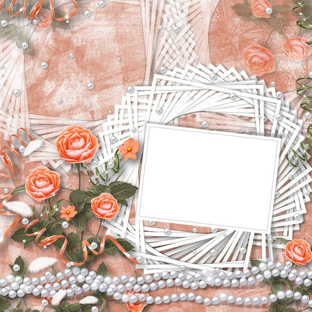 Holiday card with pearls and bouquet of beautiful  roses on peach paper background, for congratulation or invitation - Φωτογραφία, εικόνα