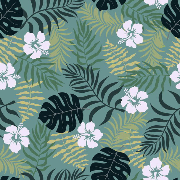 Тропический фон с пальмовыми листьями. Нежный цветочный узор. Летняя векторная иллюстрация. Плоские джунгли - Вектор,изображение