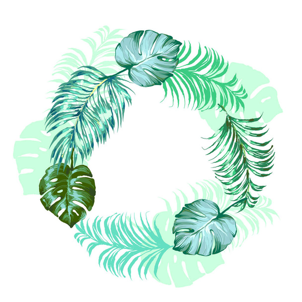 Trendy Tropical Leaves palm and monstera round frame Vector Design - Vektor, kép