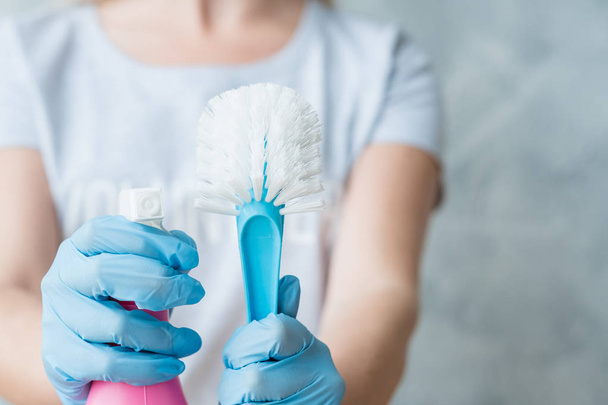 domestic chore woman rubber glove chemical brush - Fotó, kép