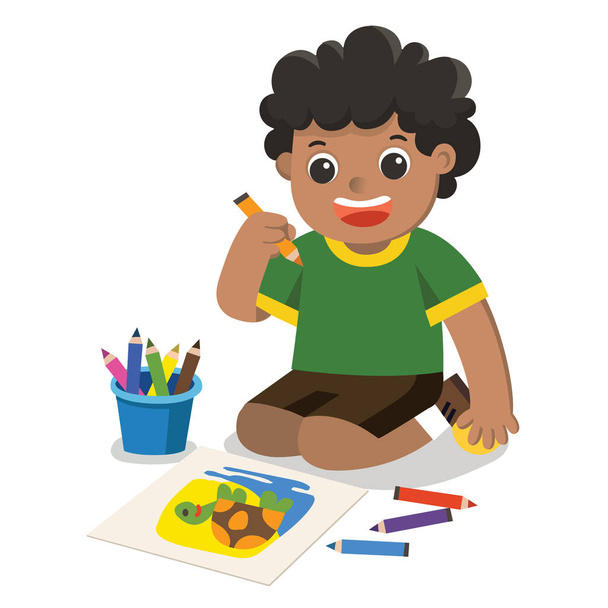 zurück zur Schule, glücklicher Junge zeichnet Bleistifte und Farben auf den Boden.. - Vektor, Bild