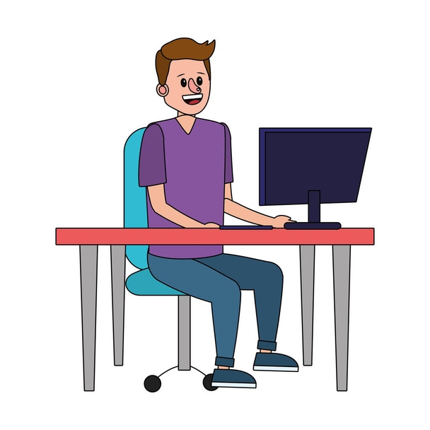 uomo che utilizza la tecnologia dispositivo computer su scrivania disegno grafico vettoriale illustrazione
 - Vettoriali, immagini