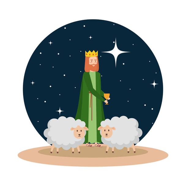 homme sage avec des moutons sur illustration vectorielle de nuit
 - Vecteur, image