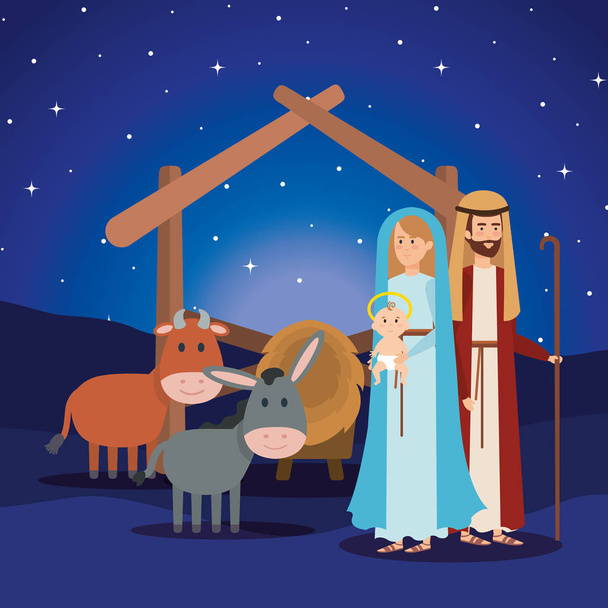 heilige Familie mit Maultier und Ochsenkrippe Zeichen Vektor Illustration Design - Vektor, Bild
