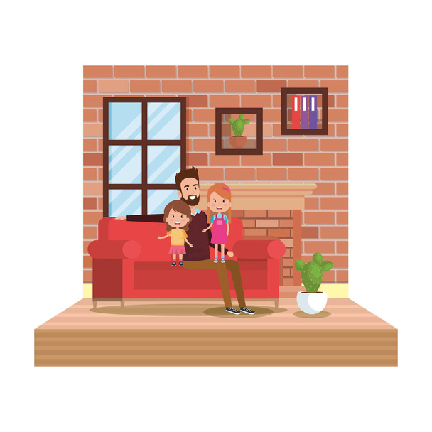 pai com filhas em sala de estar design de ilustração vetorial
 - Vetor, Imagem