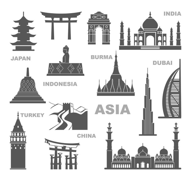 Nähtävyyksiä ja arkkitehtonisia muistomerkkejä Aasiassa. Vektorikuvakesarja
 - Vektori, kuva