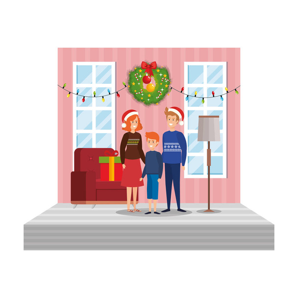 Eltern mit Sohn im Wohnzimmer mit Weihnachtsdekoration - Vektor, Bild