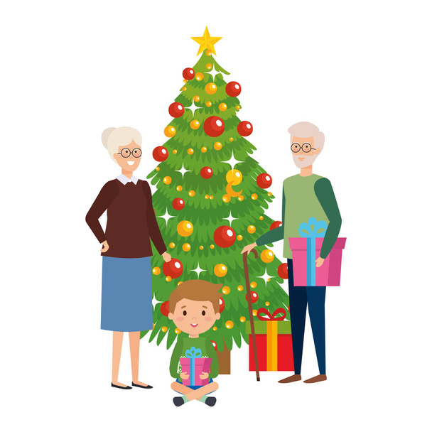 nagyszülők pár karácsonyfa vektoros illusztráció és unokája - Vektor, kép