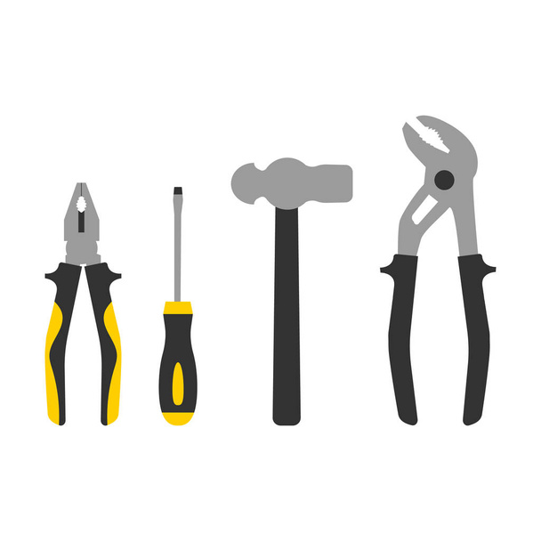 Set of repair instruments icon. Pliers, screwdriver, hammer, water cimping pliers. Repair symbol. Vector illustration isolated on white background. - Vector, Image