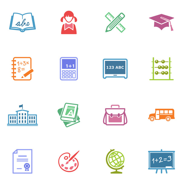 Schul- und Bildungssymbole Set 1 - farbige Serie - Vektor, Bild